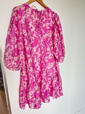 & Other Stories Stockholm Atelier Pink & Cream abstract puffed sleeve dress NWT